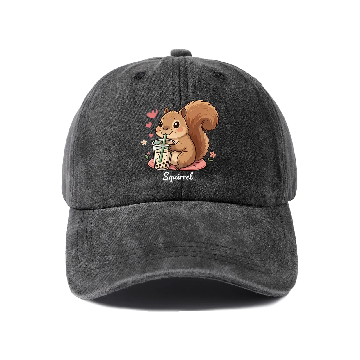 Squirrel Bubble Tea Graphic Baseball Cap, Vintage Washed Adjustable Unisex Dad Hat, Cute Boba Animal Lover Gift