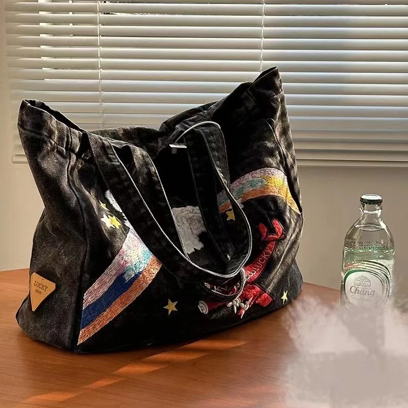 

Vintage Niche American Style Denim Large Totes for Women Trendy Embroidery Vacation Travel Ladies Hand Bags Designer Luxury Bag