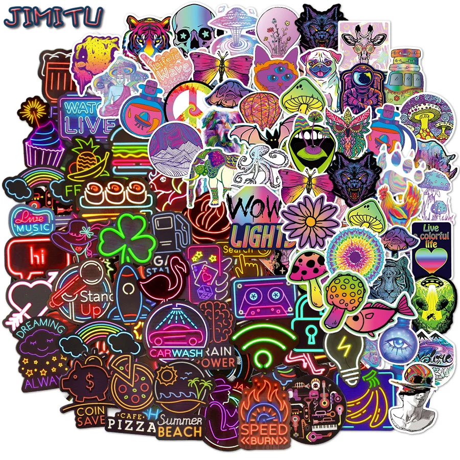 

110Pcs Psychedelic Mushroom Stickers Neon Light Waterproof Stickers Suitable for Laptop Helmets Bicycles Children's Gift Sticker