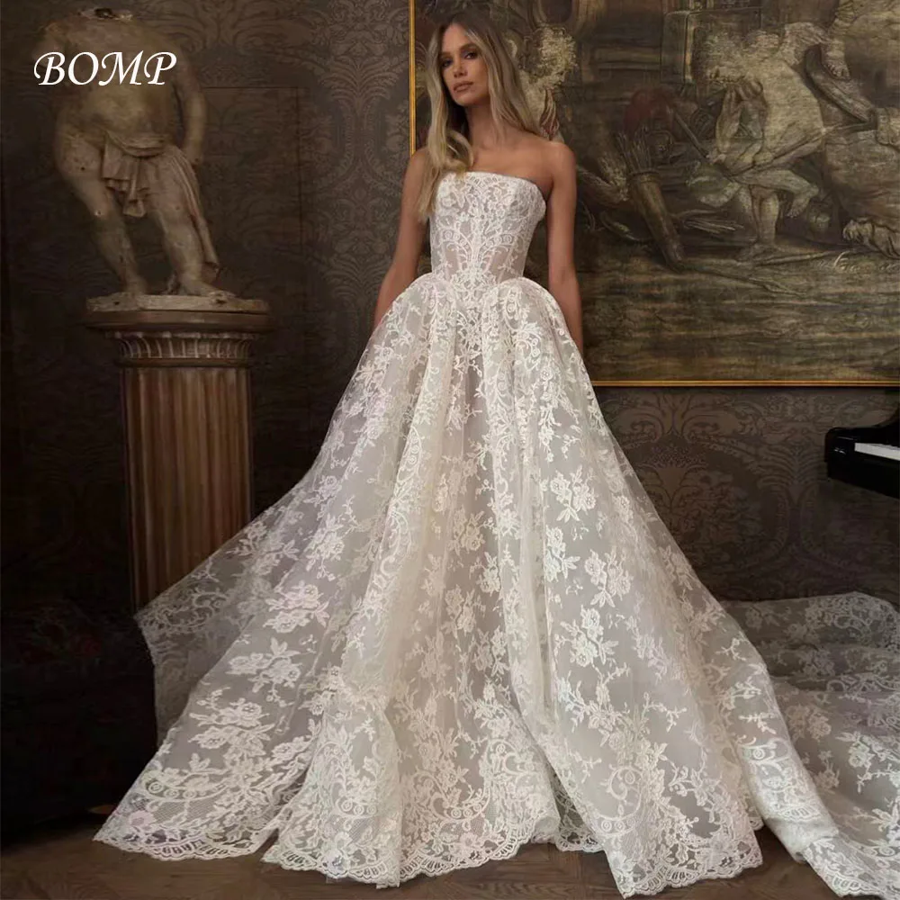 

BOMP Customized Princess Wedding Dress Strapless Ivory Floral Lace Sweep Train A-Line Bridal Gown Women Bride Dresses New 2026