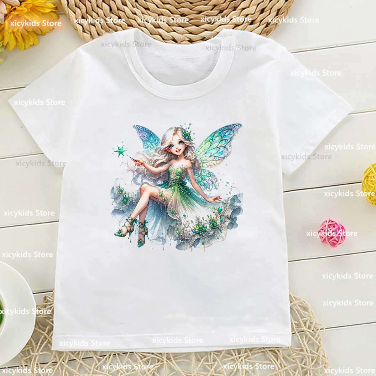 Kawaii Girls T-Shirt Butterfly Fairy Girl Graphic Print T-Shirt Kids Fashiona Girls Clothes Summer Short Sleeved Tops 1-13 Years