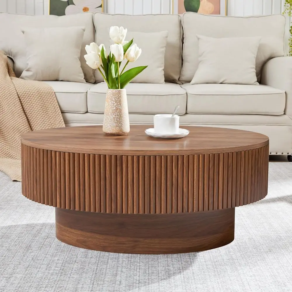 Walnut Oval Coffee Table with Concealed Storage, 31.5 Wide, Veneered Accent Table for Small Living Spaces