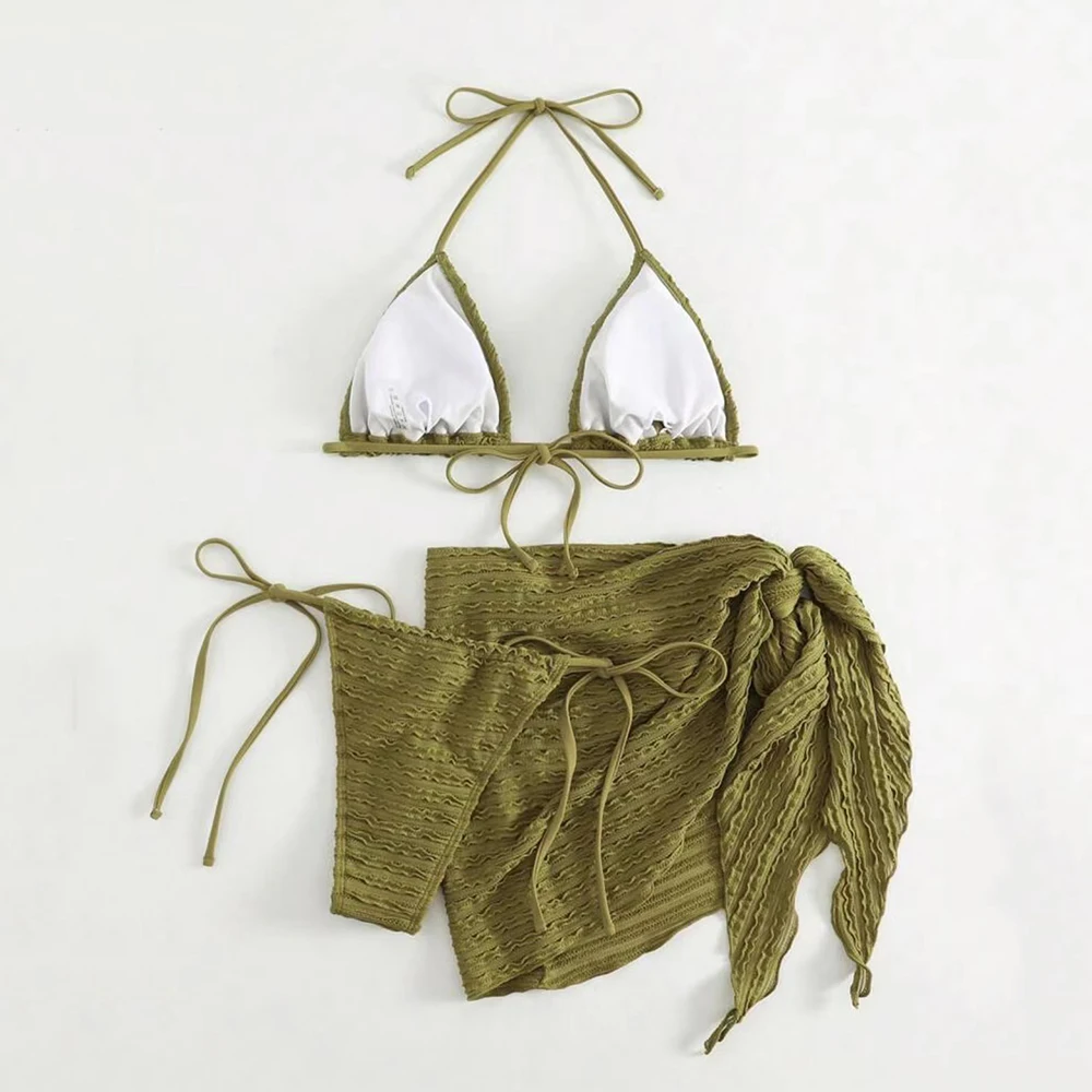 Army Green Solid Swimwears 3 Piece Halter Triangle Bikini Set Cover Ups Micro Thong Sexy Swimsuit Women Beachwear String Bikinis
