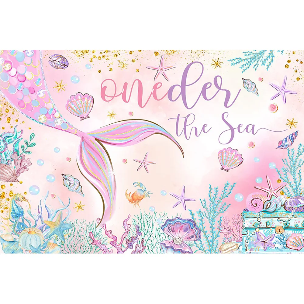 Фон для фотосъемки «Русалка один день рождения», акварель, хвост русалки, Коралловая раковина, Детские принадлежности для дня рождения