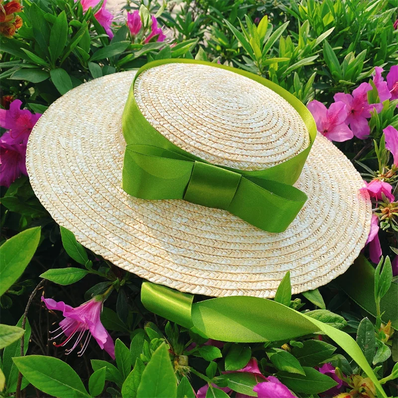 Chapeaux de soleil de princesse vintage pour enfants, chapeau de paille d\'été, casquette pour enfants, ruban à dessus plat, protection solaire de