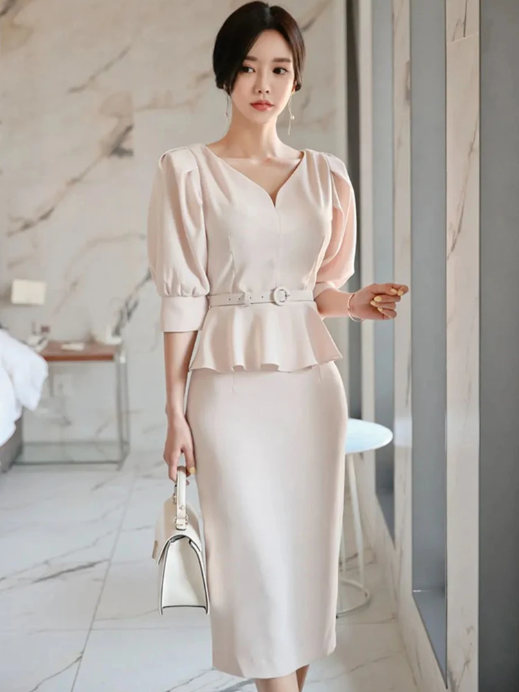 Elegant Office Lady Dress Korean Edition Fashionable Solid Color Puff Sleeves V-Neck High Waist Belt Professional Party Dress image 2