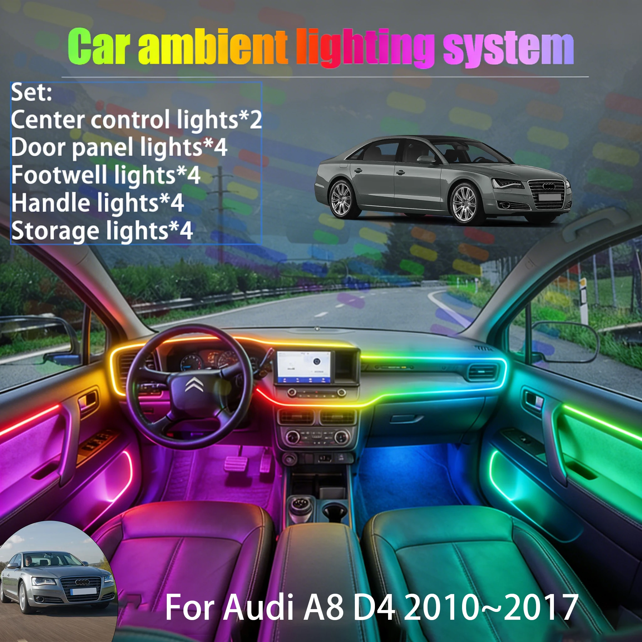 

Для Audi A8 D4 2010~2017 2/18 в 1: Комплект светодиодной подсветки салона и багажника USB RGB, атмосферная подсветка, автозапчасти