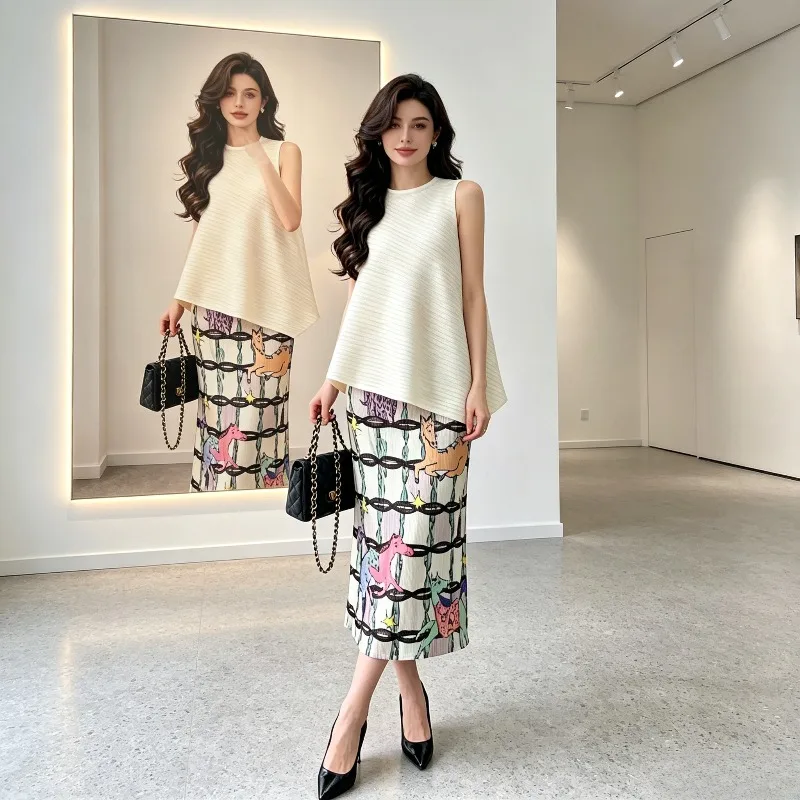 Miyake Pleated Colorful Pony Print Skirt Fashion New 2026 High Waist Elastic Straight Skirt Casual Age-Reducing Versatile Style