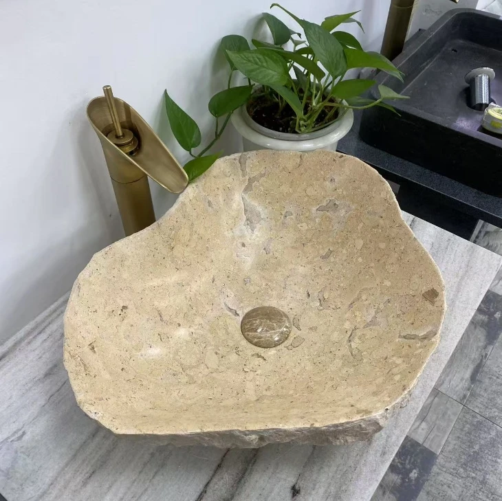 Modern Design Polished Beige Marble Irregular Shaped Eco-Friendly Water Resistant Indoor/Outdoor Bathroom Face Washbasin