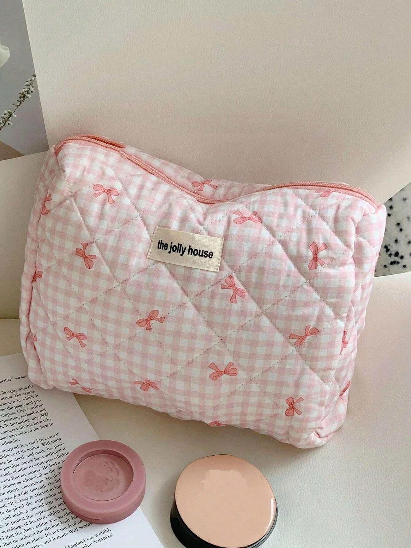 1set Cute Bowknot Cosmetic Bag Organizer Multifunctional Wallet Pouch Portable Brush Storage Clutch Travel Makeup Skincare Bag