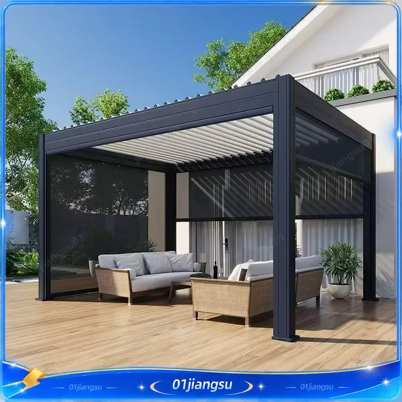 Motorized Aluminum Bioclimatic Pergola Outdoor Waterproof Windproof Pivoting Louvered Gazebo for Villa Garden Patio Canopy