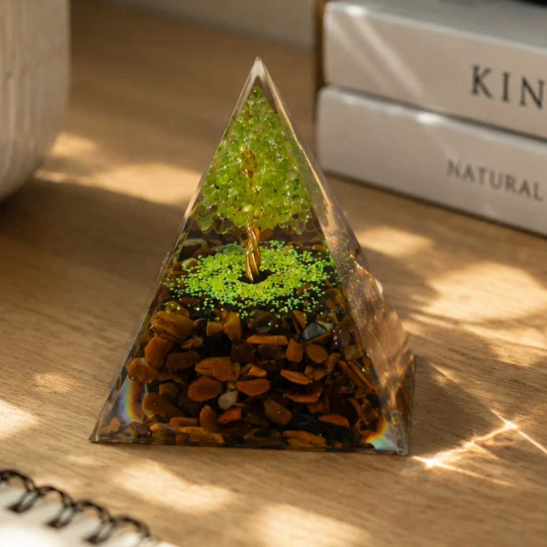 Tree of Life Orgone Pyramid Natural Tiger Eye Peridot Crystal Energy Generator Orgonite Pyramid Meditation Home Desktop Decor