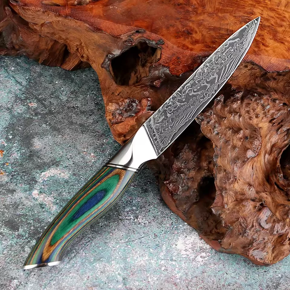 

5 Inch Utility Knife Damascus Steel Sharp Kitchen Knife, Small Chef Knife Kitchen Paring Knife with Green Colored Wooden Handle