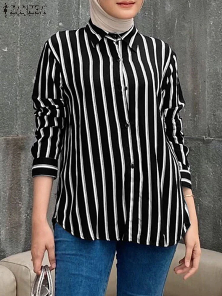 ZANZEA-Chemise Musulmane à Manches sulfet Col à Revers pour Femme, Blouse Vintage Décontractée à Rayures, Hijab