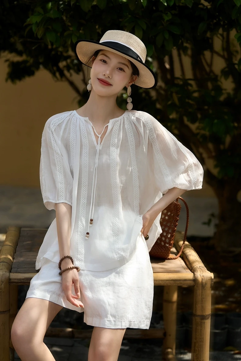 

2025 Little Fairy Temperament Linen Tencel Sweet Lace Top Shorts Set