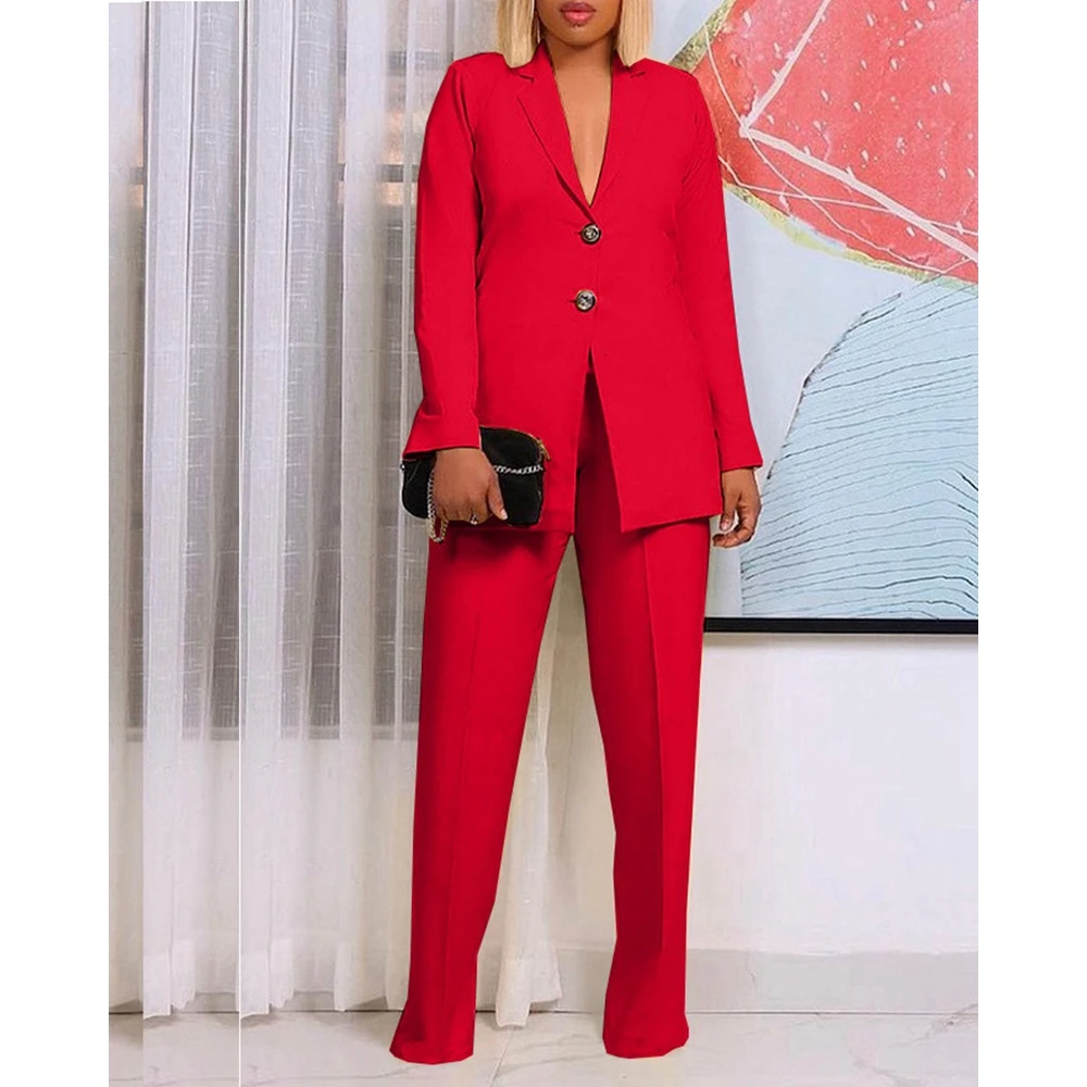 

2024 Two Pieces Blazer Suit Set for Women Femme Elegant Autumn Nothched Collar Buttoned Blazer and Wide Leg Pants Sets Office