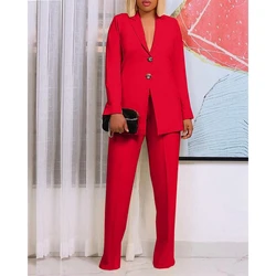 Conjunto de traje de dos piezas para mujer, Blazer elegante con cuello de nariz y botones y pantalones de pierna ancha para oficina, Otoño, 2024