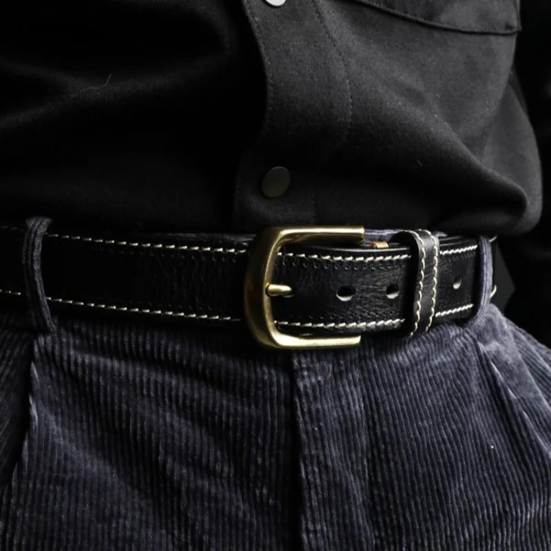 38cm-メンズ-イタリア産牛革ベルト-男性用ステッチエッジ銅製バックルベルト-男性用レトロカジュアル多用途本革ストラップベルト