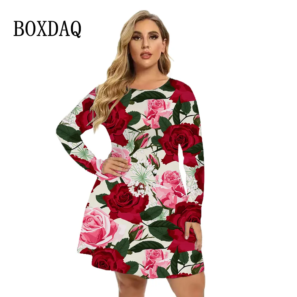 Vestido estampado com flor rosa 3D feminino, Vestidos extragrandes, manga comprida, roupa solta, moda casual, plus size, 6XL, Outono, 2022