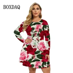 Oversized Dresses For Autumn 2022 Women 3D Rose Flower Print Dress Fashion Long Sleeve Loose Clothing Casual Plus Size Dress 6XL