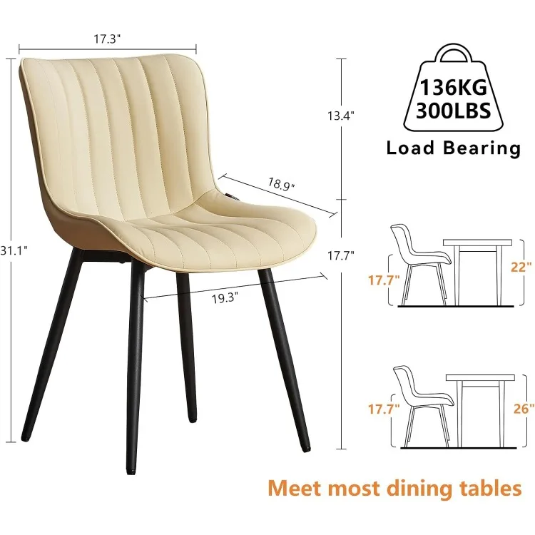 Beige Dining Chairs Set of 2 Upholstered Mid Century Modern Kitchen Chair Armless Faux Leather Side Chair with Back Metal