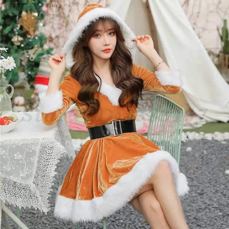 Fashion Miss Claus Fancy Dress Christmas Santa Claus Performance V-Neck Dress Hooded with Belt Women Sexy Mini Christmas Costume