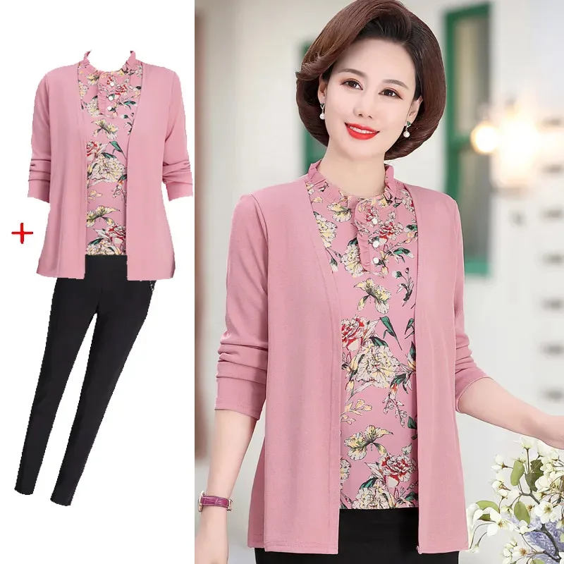 Women Blouse And Tops 2022 Spring Long Sleeve Fake Two Pieces Shirts Large Size Middle Age Old Female Print Elegant 2PCS Set W19