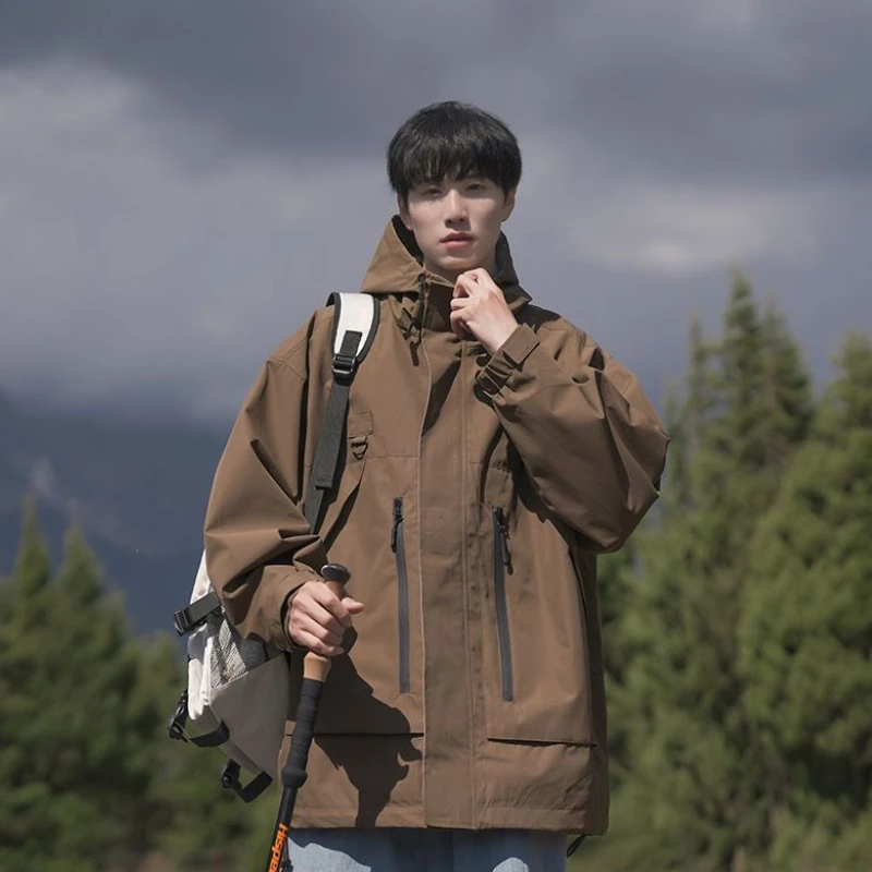 Men's Three Proof Windbreaker Jacket Japanese Style Loose Cargo Jacket for Spring Autumn Waterproof Windproof Outdoor Sportswear