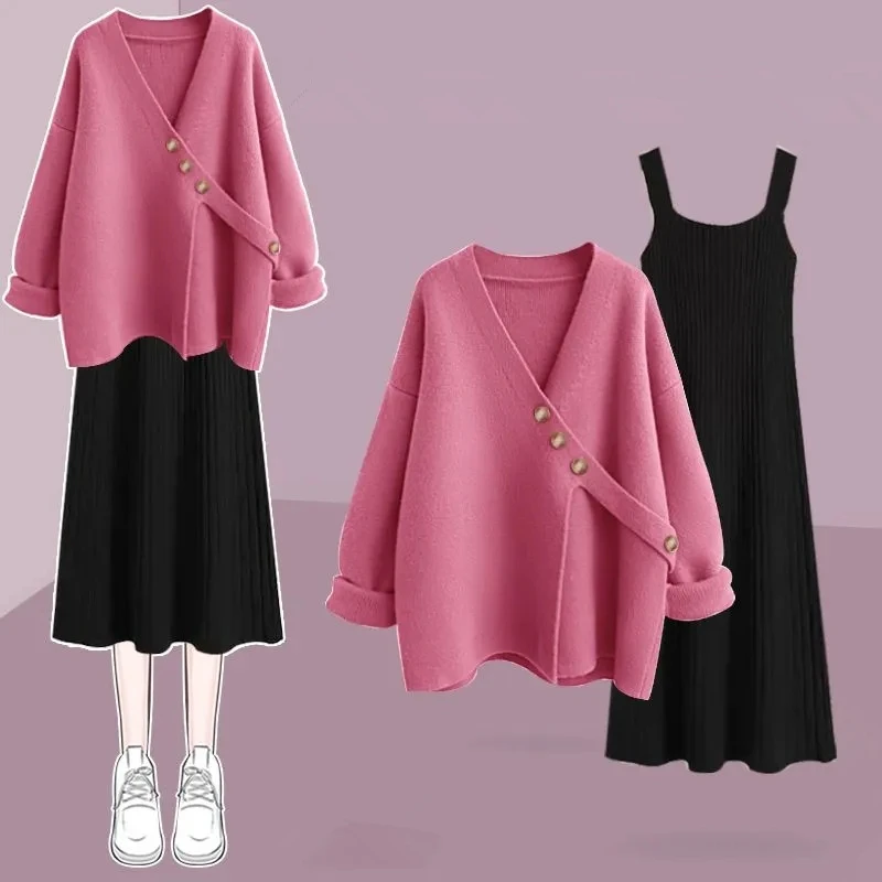 Autumn Winter New Women Fashion Sweater Pullover Knit Sleeveless Dress Korean Lady Casual V-Neck Pullover Vest Dresses Outfits
