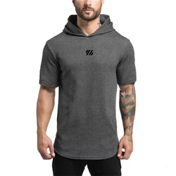 Gym Bodybuilding Hardloopsport T-Shirts Met Capuchon Heren Fitness Korte Mouw Spiershirts Katoen Ademende Slanke Capitootje