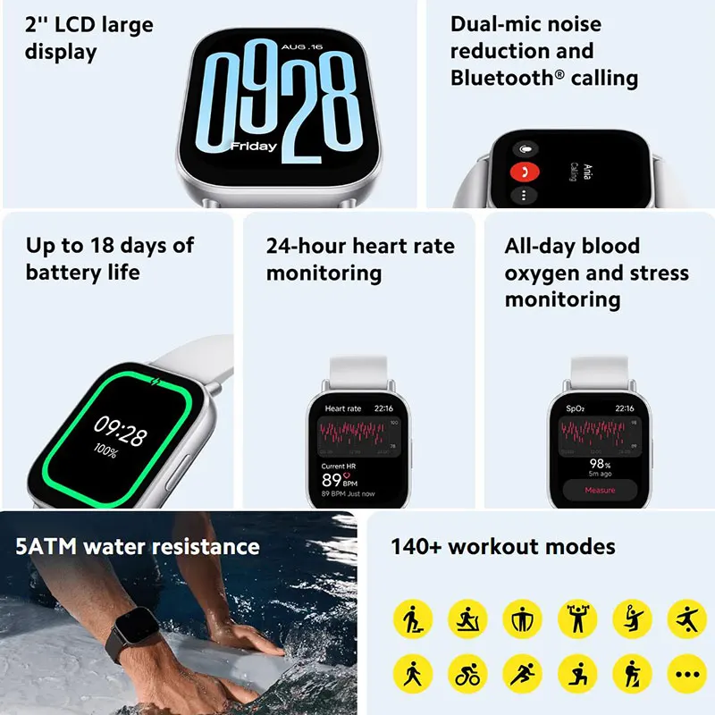 Reloj Inteligente Xiaomi Redmi Watch 5 Active, Pantalla LCD de 2 Pulgadas, Monitoreo de Frecuencia Cardíaca y Oxígeno en Sangre Durante Todo el Día, Reloj Inteligente con Llamadas Bluetooth 3