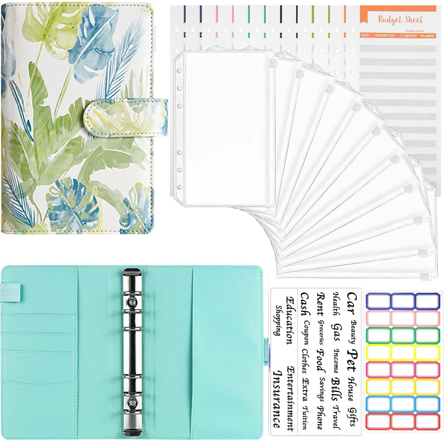 2024 A6 Plant Color Printing Budget Binder Laptop Cash Envelope System Set with Binder Pocket for Cost Saving Bill Manager