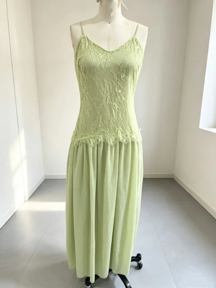 Women\'s Lace Spliced Dress Sage Green Floral Embroidery Spaghetti Strap Flowy Long Dress Elegant Bohemian Summer Party Dress