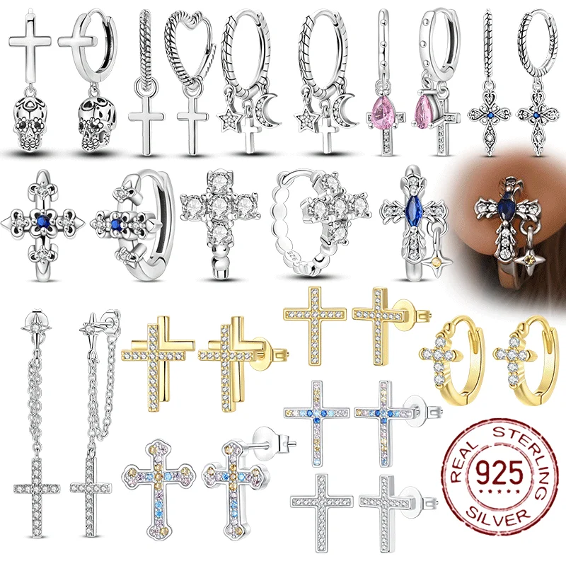 

Hoop Earring 925 Silver Woman Earring Religious Theme Earrings Pendientes Cross for Woman Original Earring Fashion Jewelry Gift