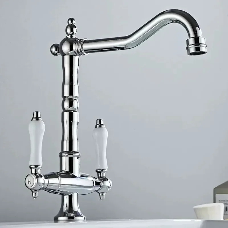 Household Vintage Antique Black Hot and Cold French Water Tap Washbasin Kitchen Water Tap Chrome Double Handle Water Tap