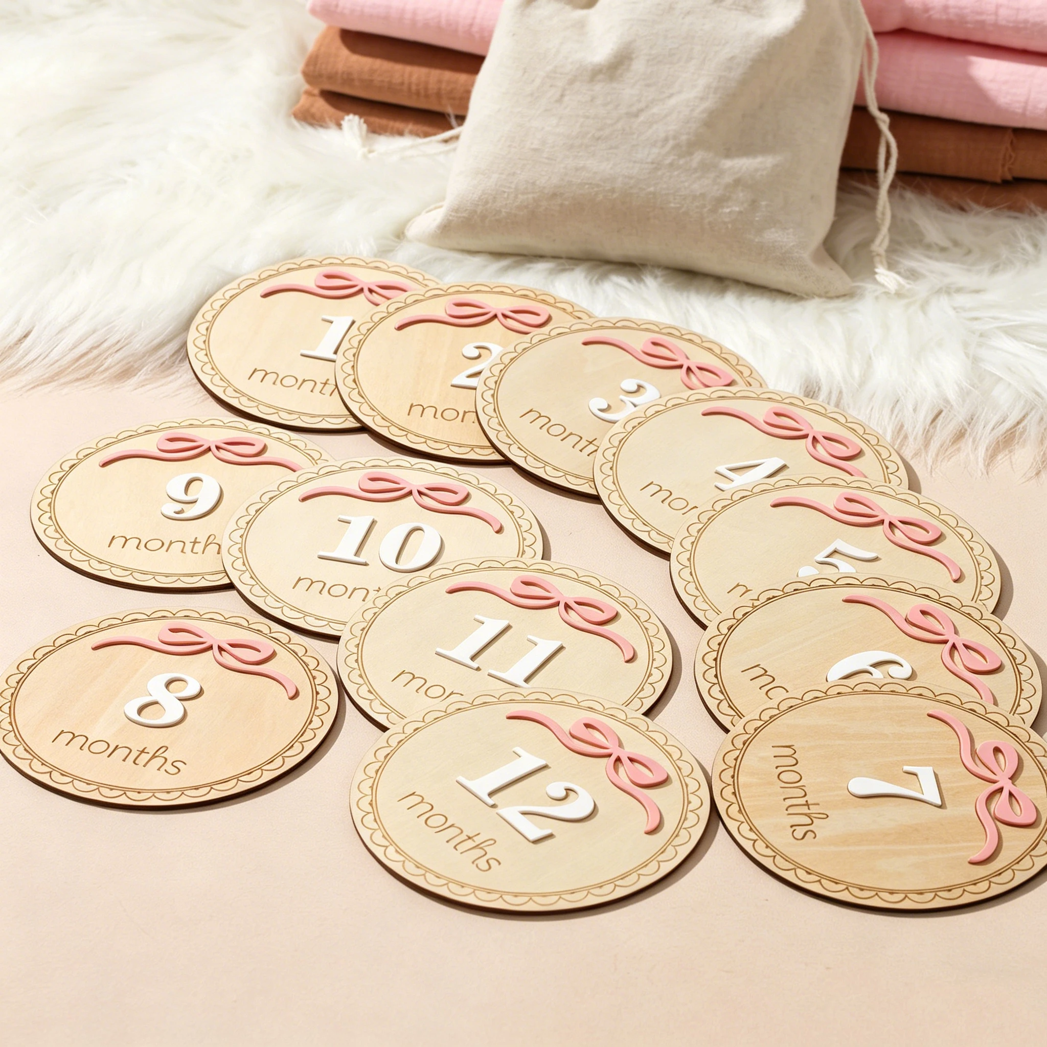 Ylsteed 12Pcs 1-12 Month Newborn Monthly Milestone Wooden Cards Dics Baby Keepsakes Newborn Photo Props