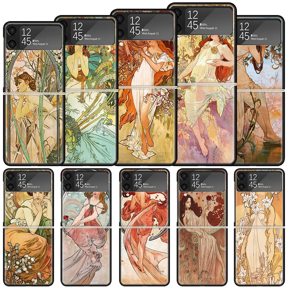 Alfons Mucha Primavera Shockproof Hard Case For Samsung Galaxy Z Flip 4 5 3 5G Phone Cover Z Flip3 Flip4 Flip5 Black Fundas Shel