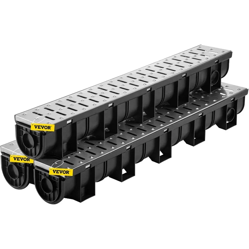 

VEVOR Trench Drain System,Channel Drain with Metal Grate, 5.9x5.1In HDPE Drainage Plastic Trench with End Caps,3x39 Grate 3 Pack