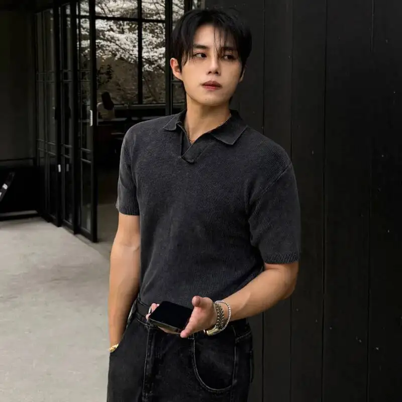 Men's Washed Dark Grey Vintage Knit Short-Sleeve T-shirt Summer Slim Fit Turn-Down Collar Korean Style Pullover Top NW2Q