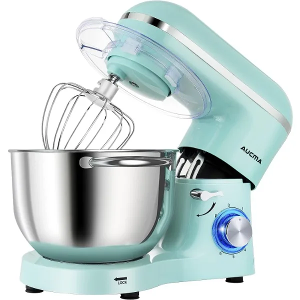 Mixer con supporto Aucma, 6.5-QT 660W miscelatore per alimenti con testa inclinabile a 6 velocità, miscelatore elettrico da cucina con gancio per impastare, frusta e frusta