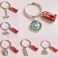 Fire Fighting Truck Fire Dept Fire Engine Creative Gift Fireman KeyChain KeyRing Women Man Accessories Jewelry Pendant