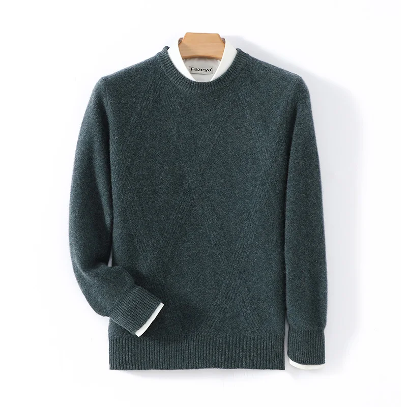 Light Diamond Knitted Pattern Men's Sweater 100% Pure Wool Round Neck Pullover Autumn Winter Thick Versatile Base Shirt Top