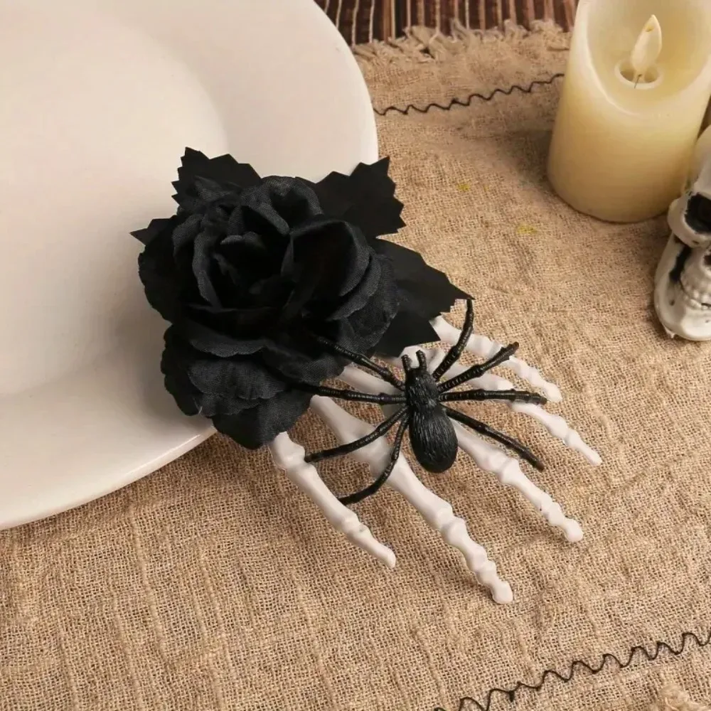 1 Stück Halloween Gothic Skeletthand Haarspange Schwarze Rose Spinnen-Haarnadel Cosplay Party Haarschmuck Horror Haaraccessoires – Detail 3