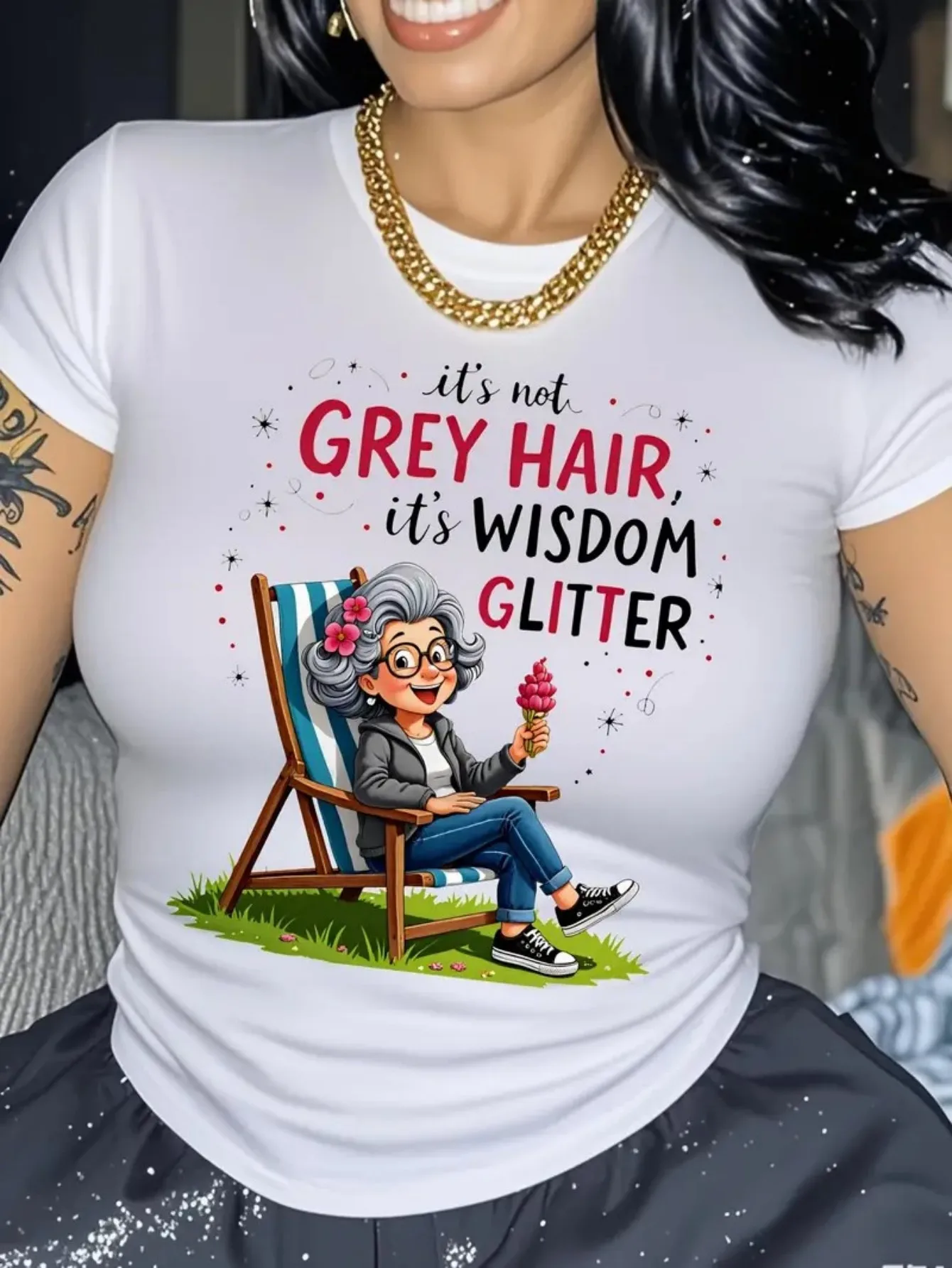 

Women's Anime Graphic Cotton T-Shirt - "Wisdom Glitter" Slogan & Ice Character Print, Soft Breathable Round Neck Tee