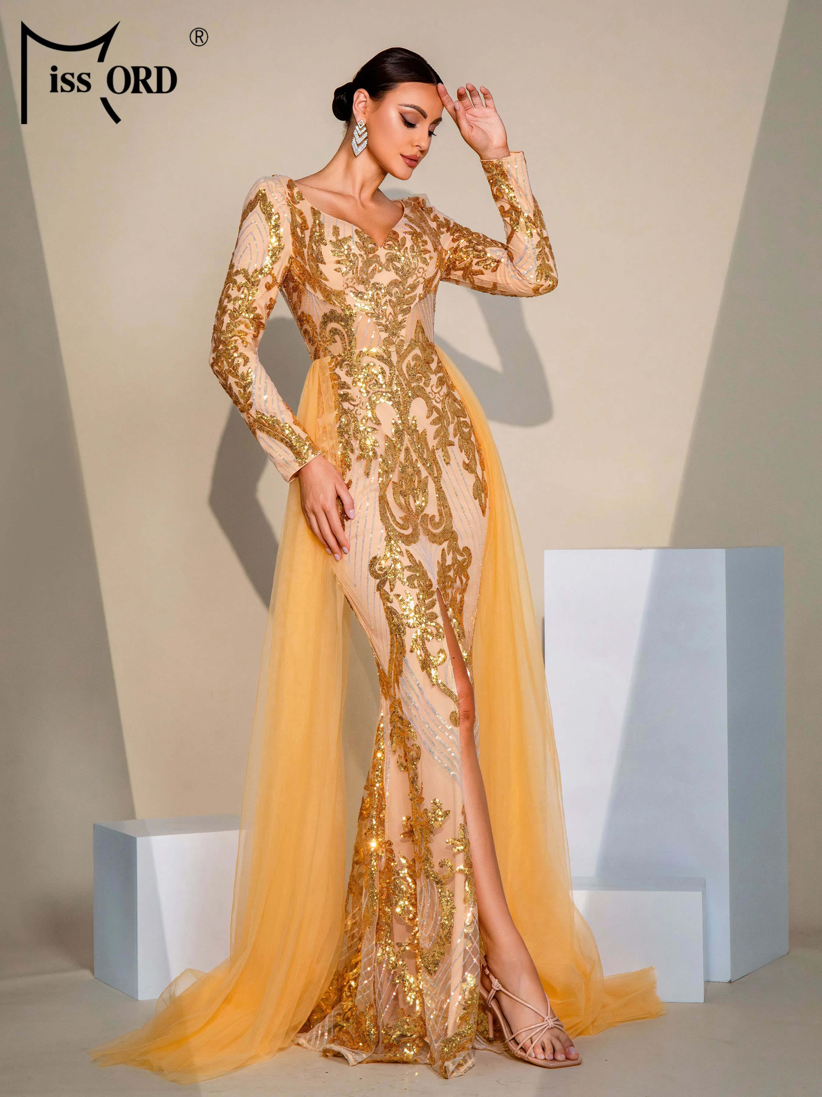 Missord Church Dress V Neck Long Sleeved Slim Sequin Evening Formal Occasion Wedding Birthday Party High Quality Luxury Dresses