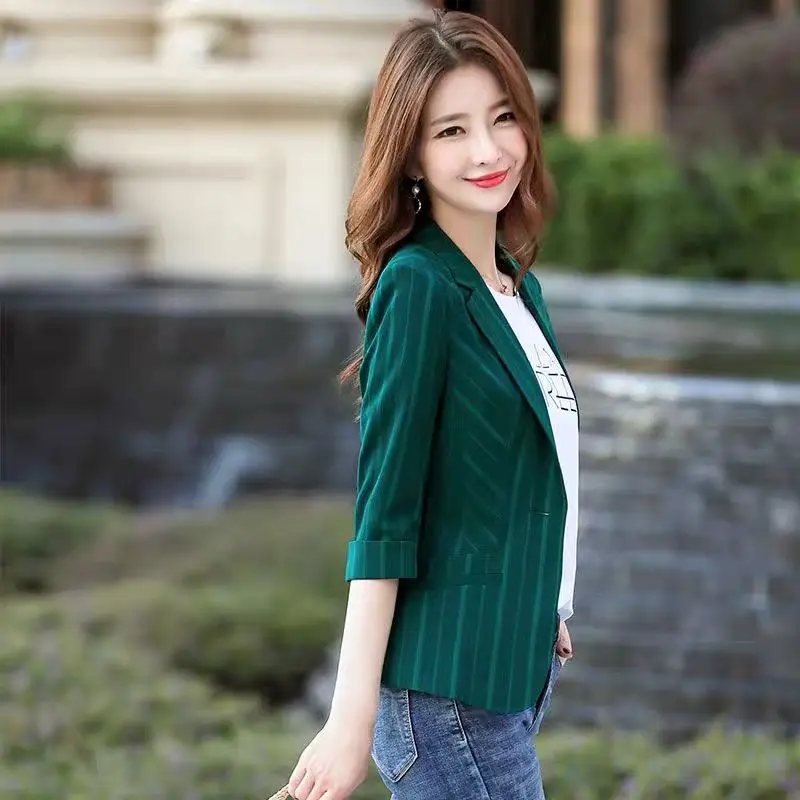 

2023 New Summer Fashion Women Blazer Notched Collar Jacket Casual Korean Suit Coat Stripe Slim Office Lady Blazer Outerwear A139