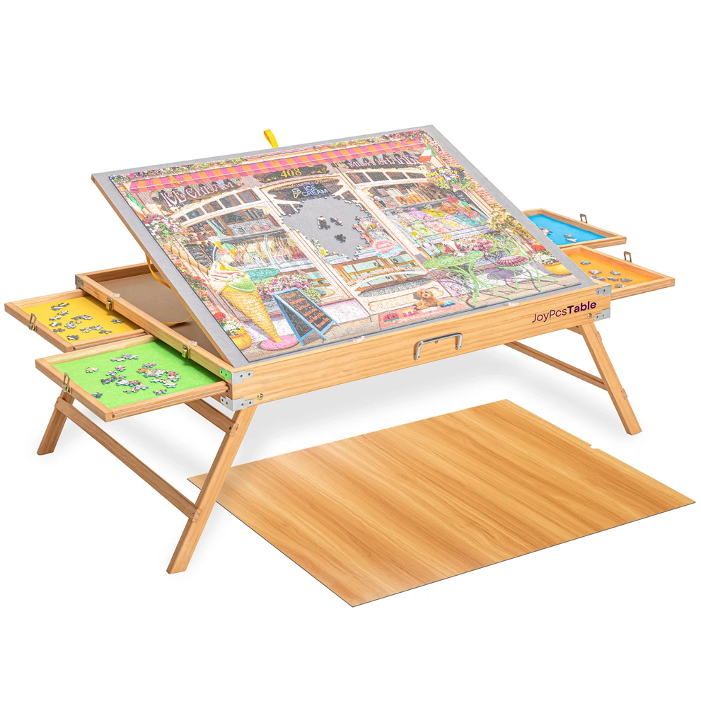 Wooden puzzle table with storage drawer and protective cover, portable tilted puzzle board, foldable legs, can hold 1500 pieces