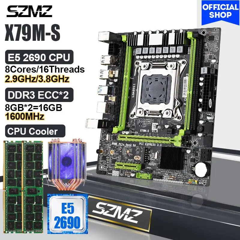 New LGA 2011 Gaming Motherboard Kit Xeon X79 E5 2690 CPU 8 Cores 16 Threads 2.9GHz + 16GB DDR3 RAM + Cooler Mother board 2011