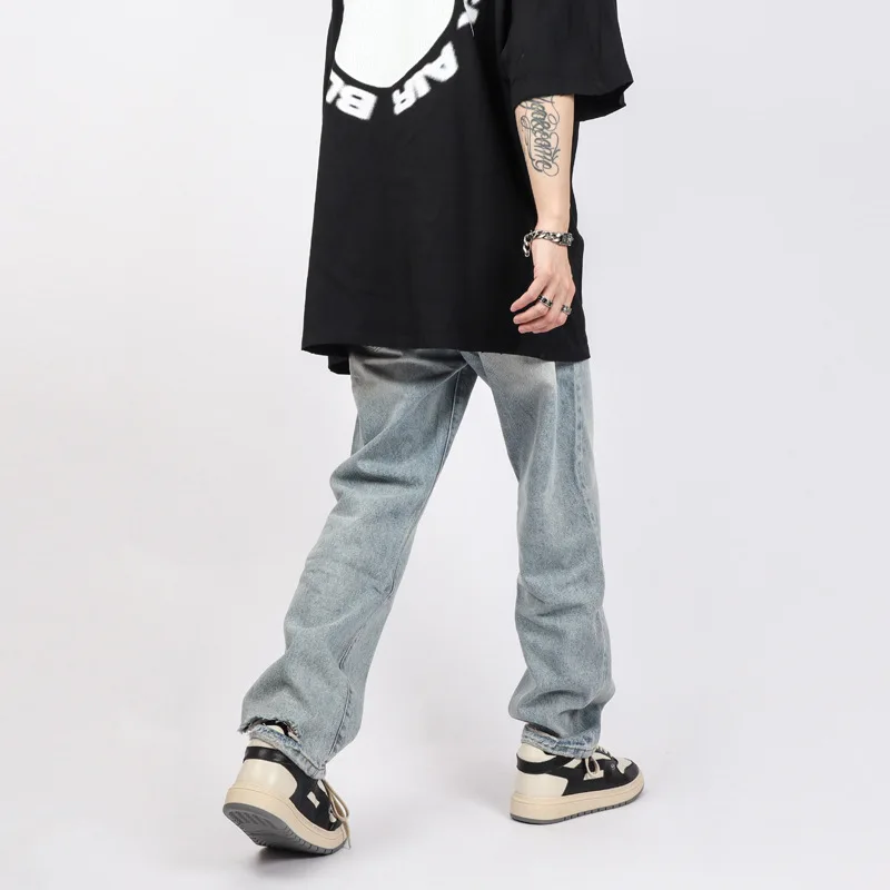 High Street Retro Washed Straight Slim Jeans Men Fashion Streetwear Full Length Denim Pants Casual Trousers