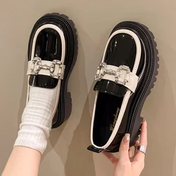 Shiny Rhinestone Chunky Platform Loafers Women Mix Color Thick Bottom PU Leather Shoes Woman 2023 Autumn Non-Slip Casual Flats